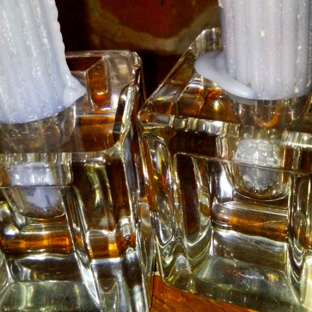 Mid-Century Modern Heavy Glass Block Taper Candle Holders Paperweights E U C